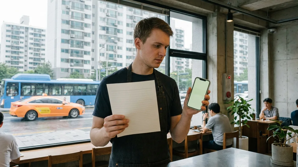 Body image of an international student working at a cafe checking a Korean-language pay statement with a translation app