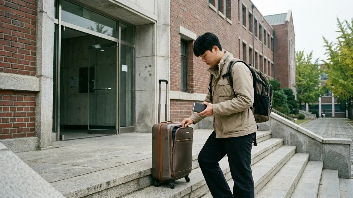 In-body image of a male Taiwanese student re-checking the front pocket of his suitcase at the entrance steps of a university building early in the morning